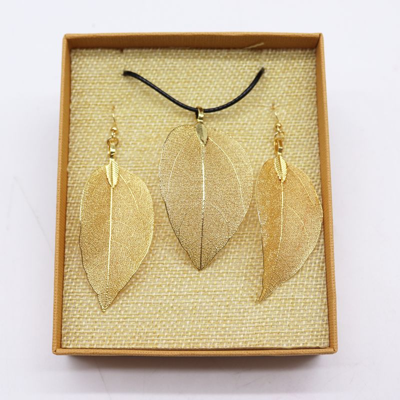 Set Collier Boucles d'Oreilles- Feuilles en Gouttes - Doré