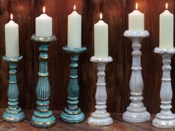 Bougeoir Bois Rétro Grand - Turquoise & Or