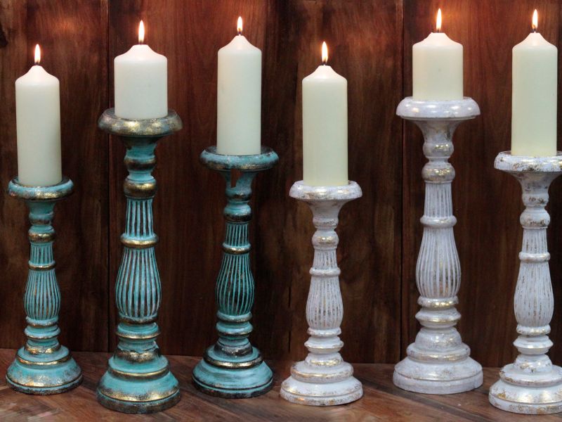 Bougeoir Bois Rétro Petit - Turquoise & Or