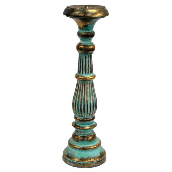 Bougeoir Bois Rétro Grand - Turquoise & Or