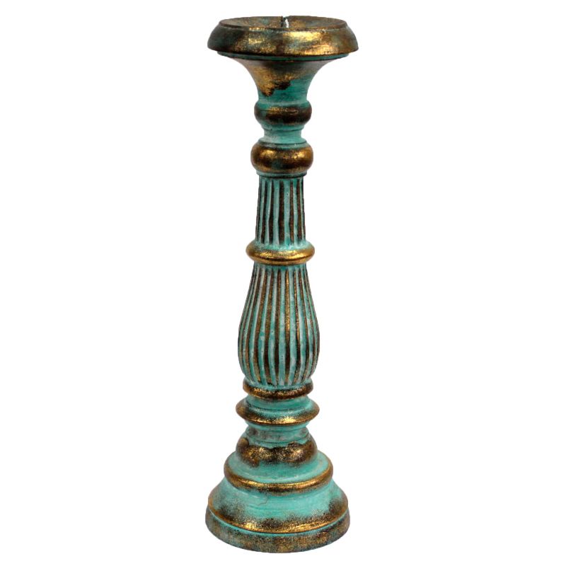 Bougeoir Bois Rétro Grand - Turquoise & Or