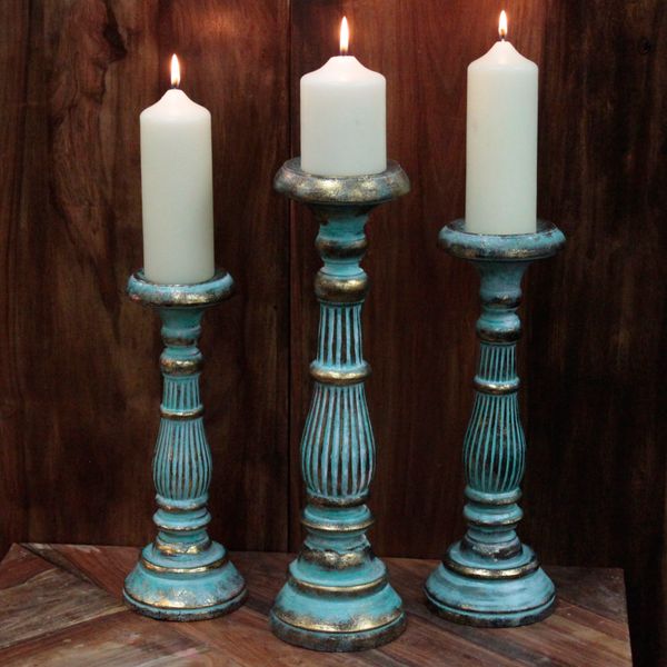 Bougeoir Bois Rétro Grand - Turquoise & Or