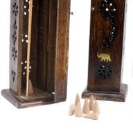 Tour d'encens carrée Bois de manguier - Incrustation en laiton