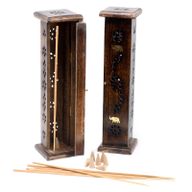 Tour d'encens carrée Bois de manguier - Incrustation en laiton