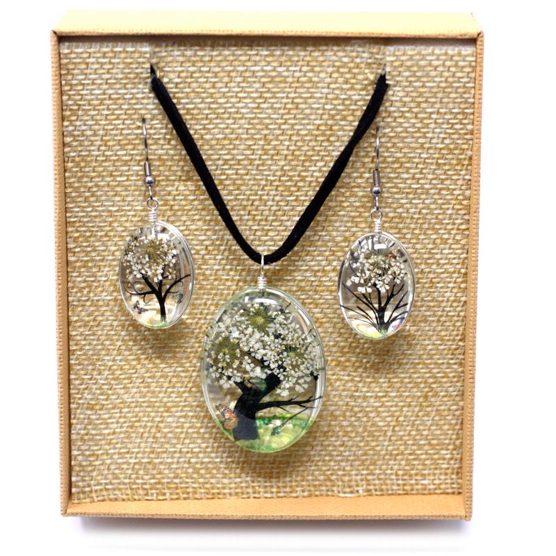 Bijoux Fleurs Pressées - Arbre de la vie Set - Blanc