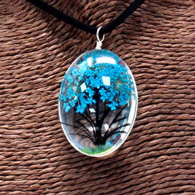 Bijoux Fleurs Pressées - Arbre de la vie Set - Sarcelle