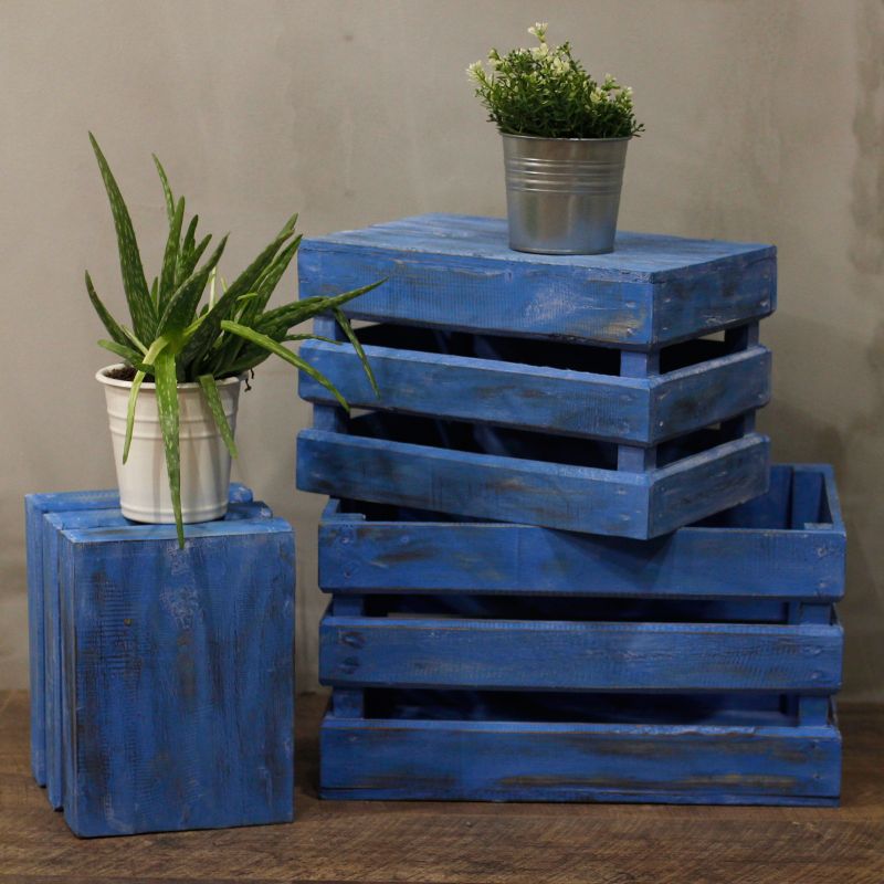 Lot de 3 Caisses en Bois - Bleu