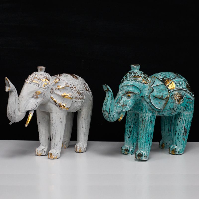 Éléphant en bois sculpté - Turquoise / Or