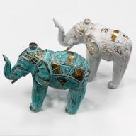 Éléphant en bois sculpté - Turquoise / Or