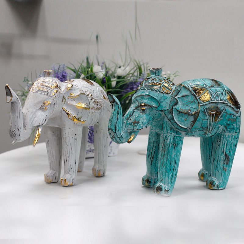 Éléphant en bois sculpté - Turquoise / Or