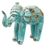 Éléphant en bois sculpté - Turquoise / Or