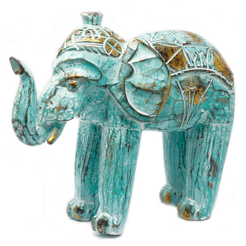 Éléphant en bois sculpté - Turquoise / Or