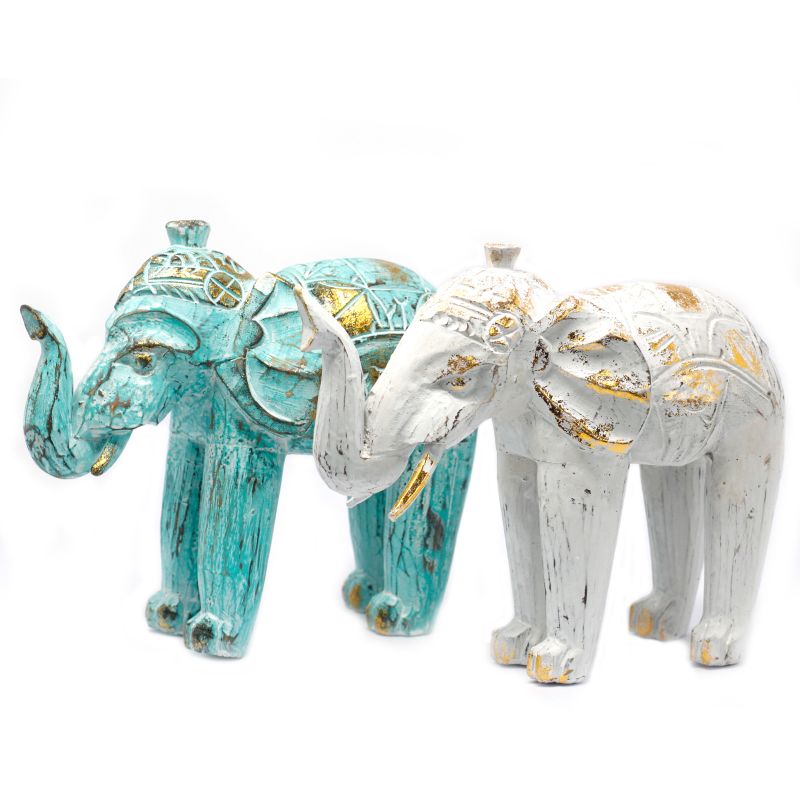 Éléphant en bois sculpté - Turquoise / Or