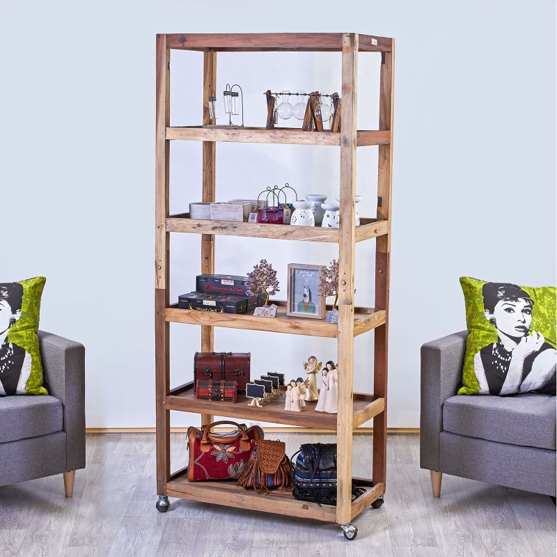 Présentoir à 6 Étagères avec Roulettes - Bois Recyclé 79x37x180 cm