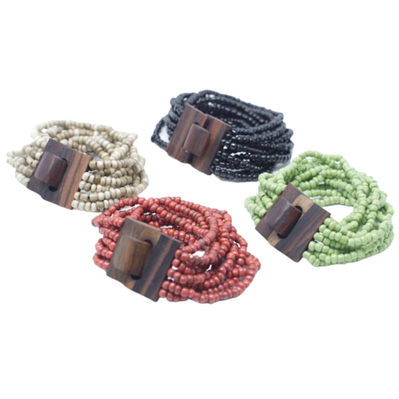 Bracelets multi-perles avec fermoir en Bois - Couleurs assorties
