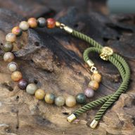Bracelet en Gemme plaqué or 18K - Cordon Vert Mousse - Jaspe Picasso