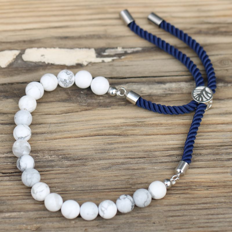 Bracelet en Gemme plaqué argent 925 - Cordon Bleu foncé - Howlite Blanche