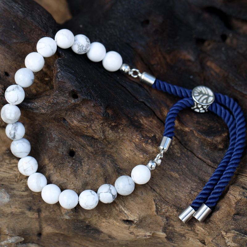 Bracelet en Gemme plaqué argent 925 - Cordon Bleu foncé - Howlite Blanche