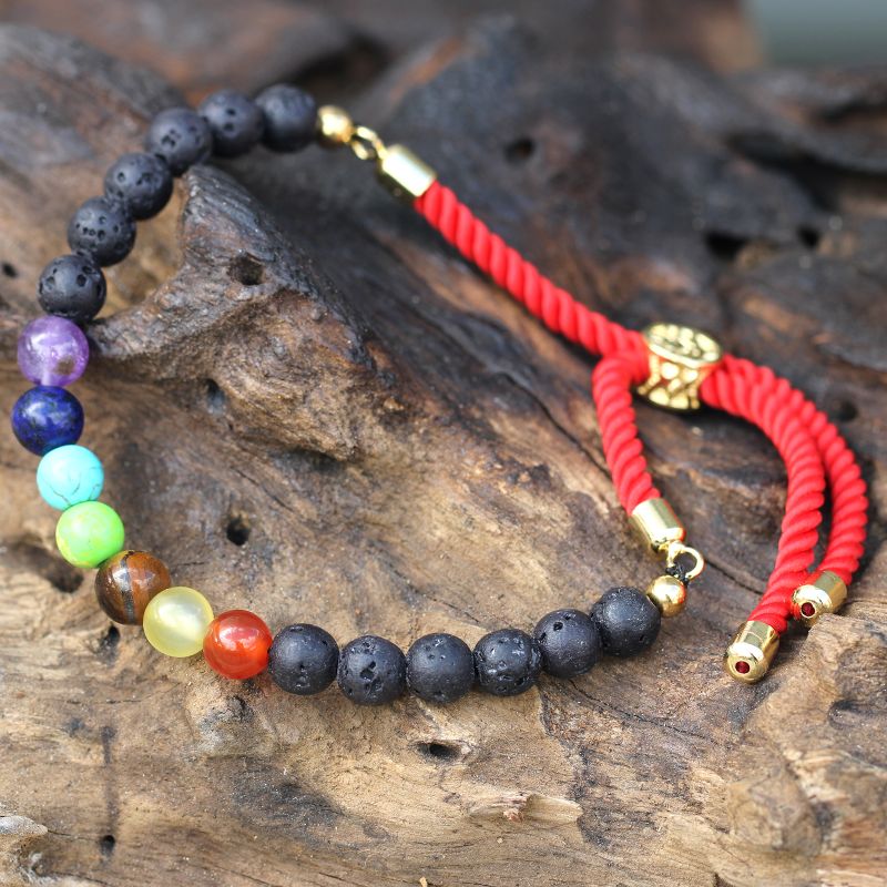 Bracelet en Gemme plaqué or 18K - Cordon Rouge Royal - Chakra Pierres de Lave
