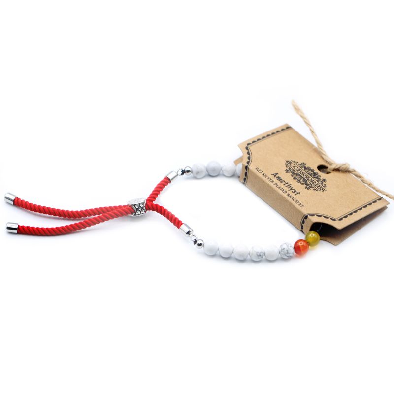 Bracelet en Gemme plaqué argent 925 - Cordon Rouge Royal - Howlite Blanche