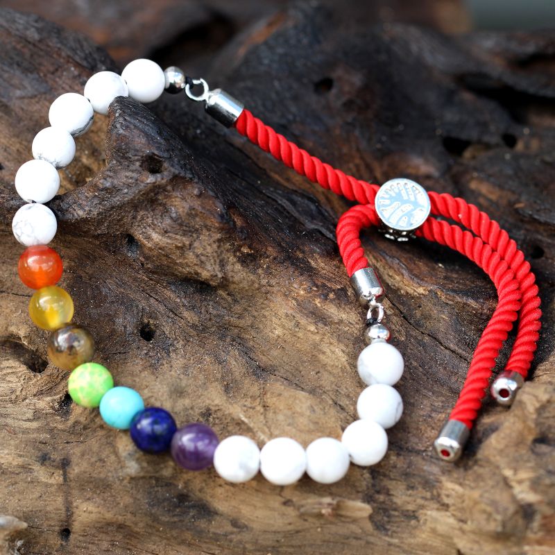 Bracelet en Gemme plaqué argent 925 - Cordon Rouge Royal - Howlite Blanche