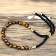 Bracelet en Gemme plaqué or 18K - Cordon Noir - Oeil Tigré