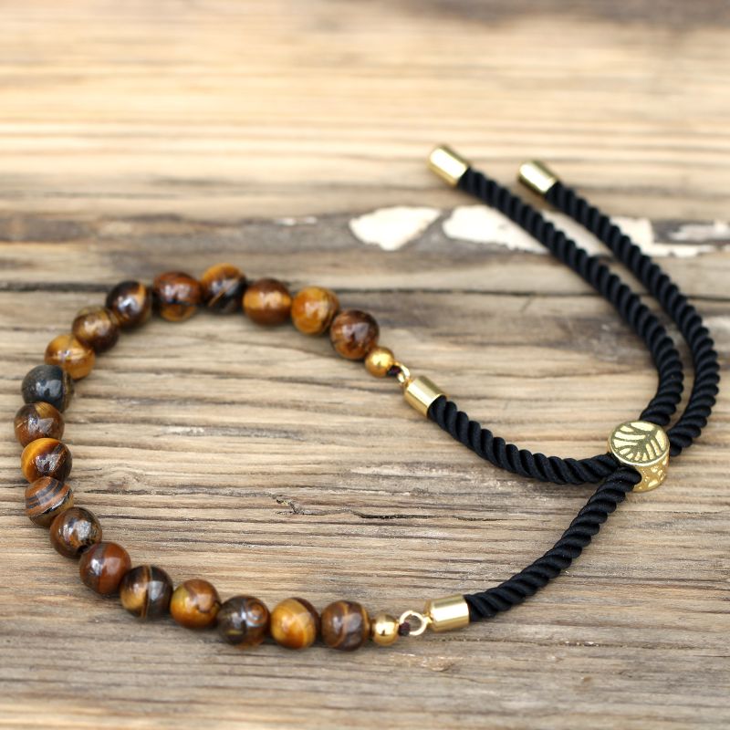 Bracelet en Gemme plaqué or 18K - Cordon Noir - Oeil Tigré