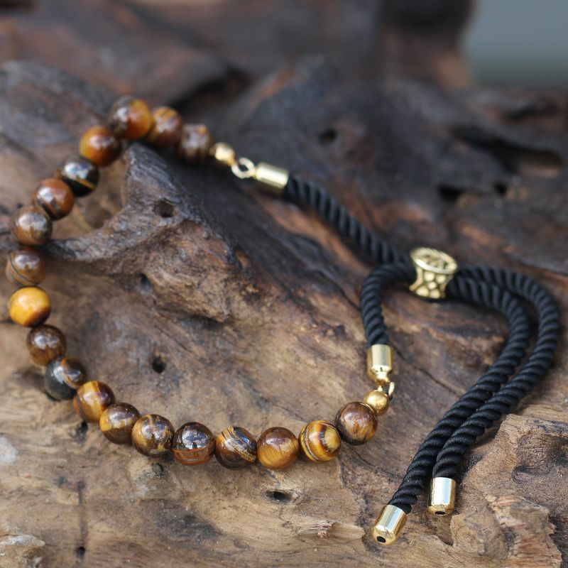 Bracelet en Gemme plaqué or 18K - Cordon Noir - Oeil Tigré