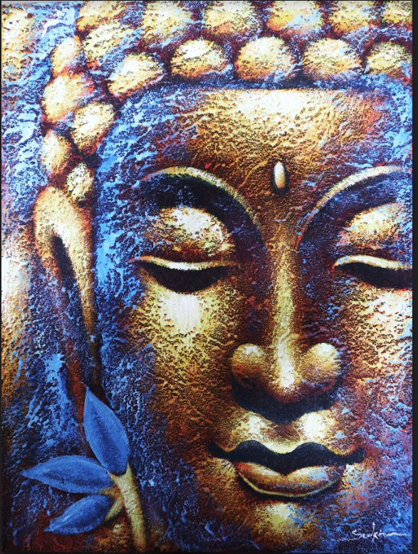 Tableau Bouddha - Visage D'Or et Fleur de Lotus