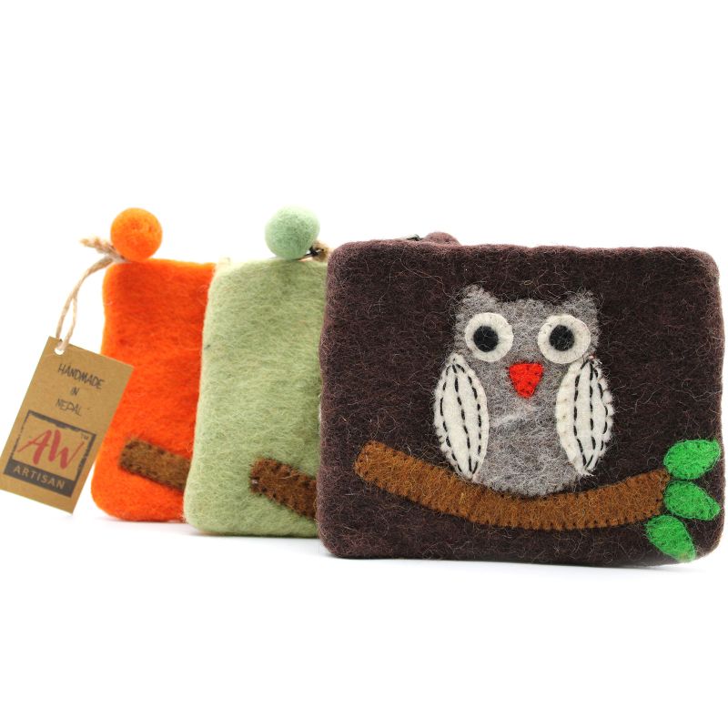 Pochette à glissière en feutre naturel (asst) - Chouette sur Branche