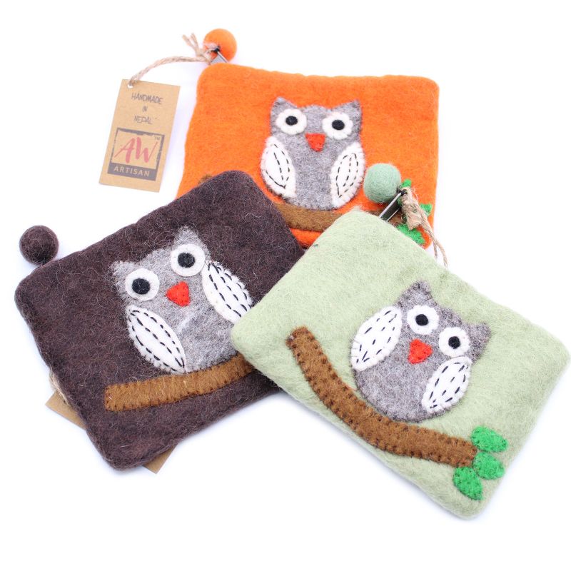 Pochette à glissière en feutre naturel (asst) - Chouette sur Branche