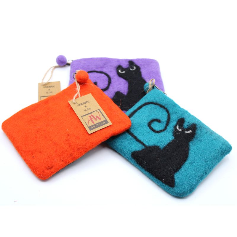 Pochette à glissière en feutre naturel (asst) - Chat Noir