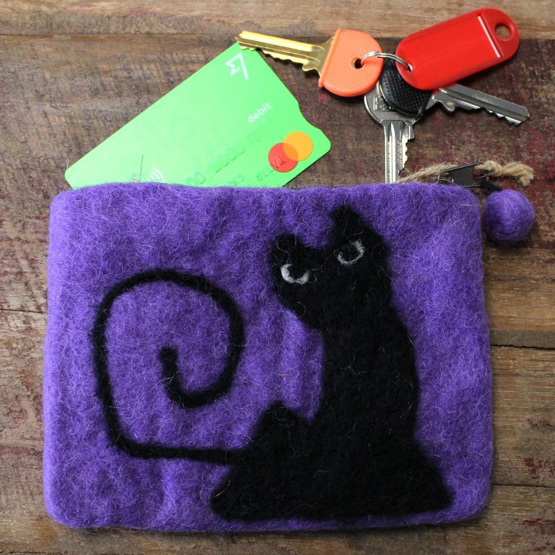 Pochette à glissière en feutre naturel (asst) - Chat Noir