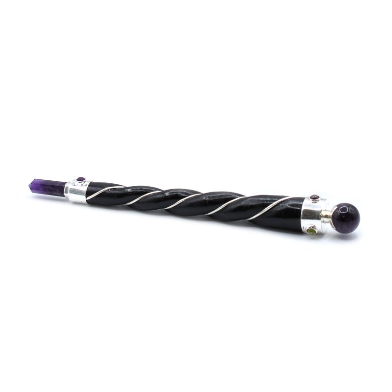 Baguette de guérison torsadée - Sphère d'améthyste argentée