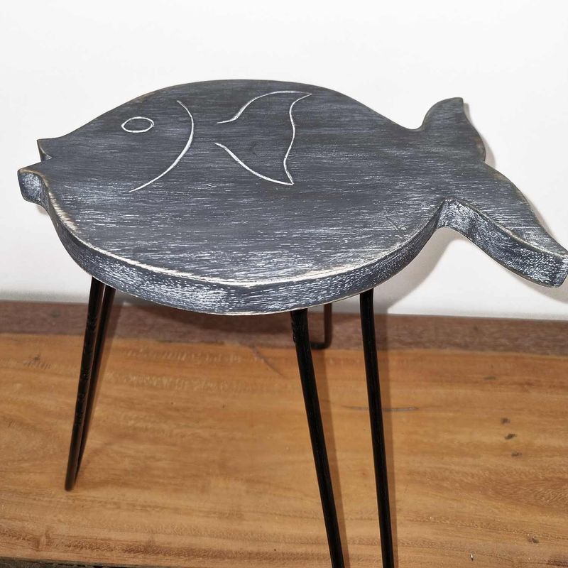 Support pour Plantes en Forme de Poisson en Bois Albésia - Gris Délavé