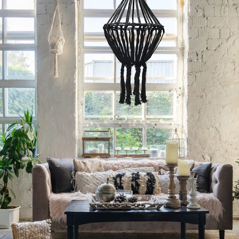 Grand Lustre Goutte en Macramé - Noir