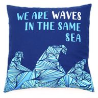 Housse de coussin en coton imprimé - We are Waves - Gris, bleu et naturel