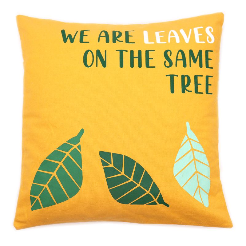 Housse de coussin en coton imprimé - We are Leaves - Jaune, bleu et naturel