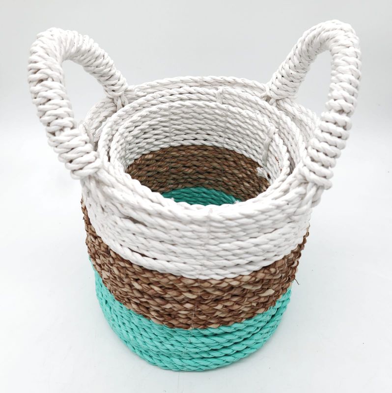 Ensemble de Paniers en Jonc de Mer - Vert / Naturel / Blanc