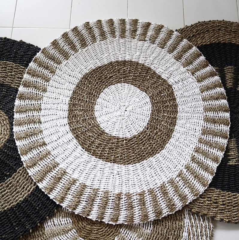 Tapis en Jonc de Mer Rond Blanc & Tan - Soleil - 1m
