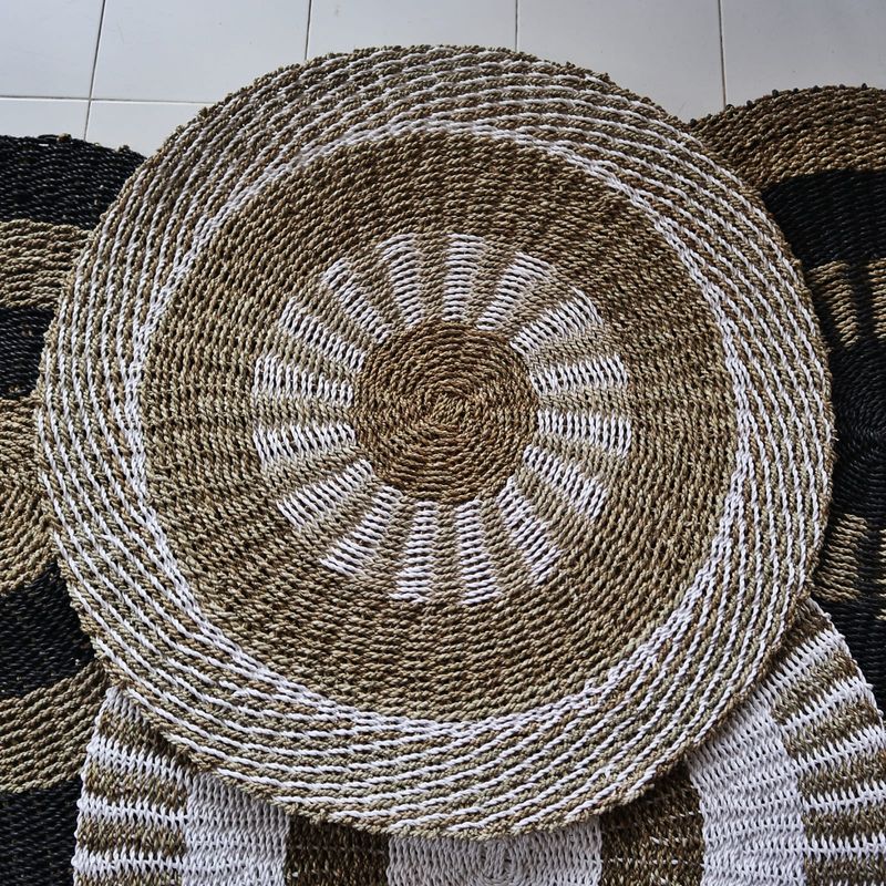Tapis en Jonc de Mer Rond Blanc & Tan - Soleil Intérieur - 1m