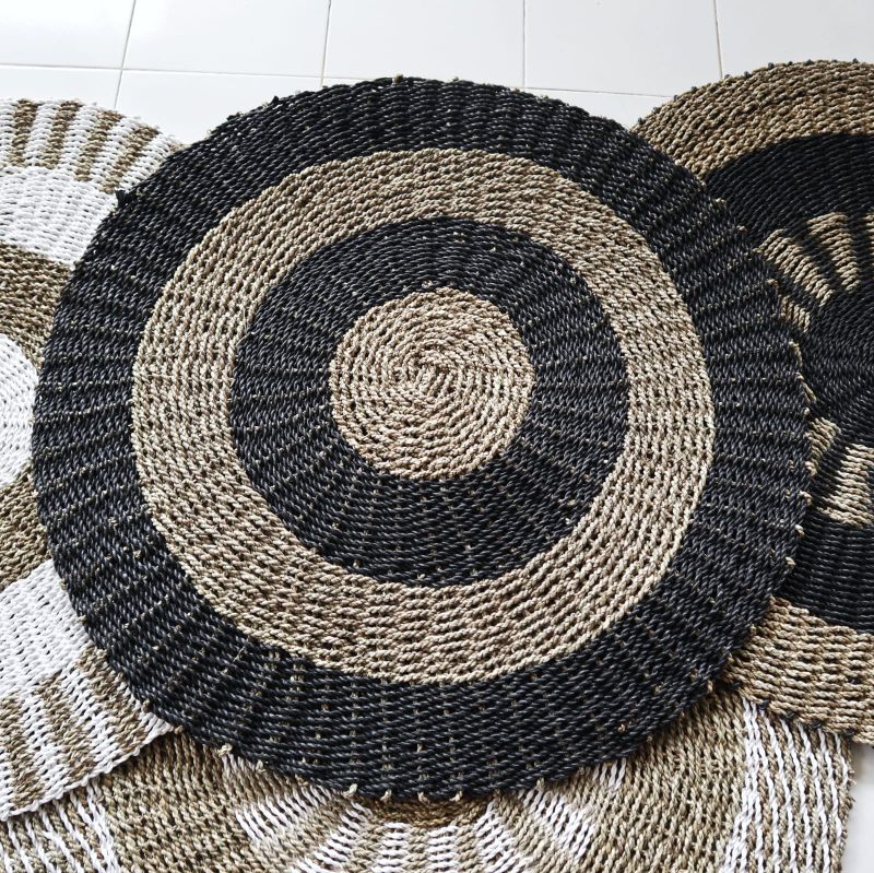 Tapis en Jonc de Mer Rond Noir & Tan - Cercles - 1m