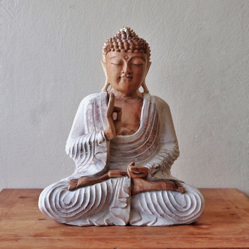 Statue de Bouddha Sculptée à la Main - Transmission d'enseignement de 30 cm - Blanchi à la chaux