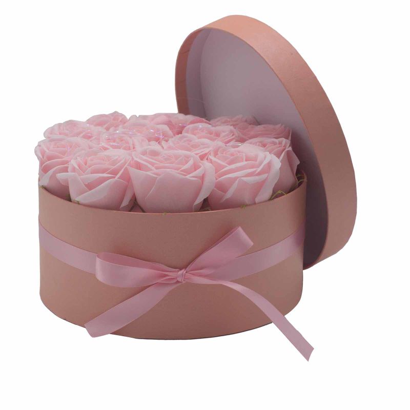 Bouquet Cadeau Fleur de Savon - 14 Roses Roses - Rond