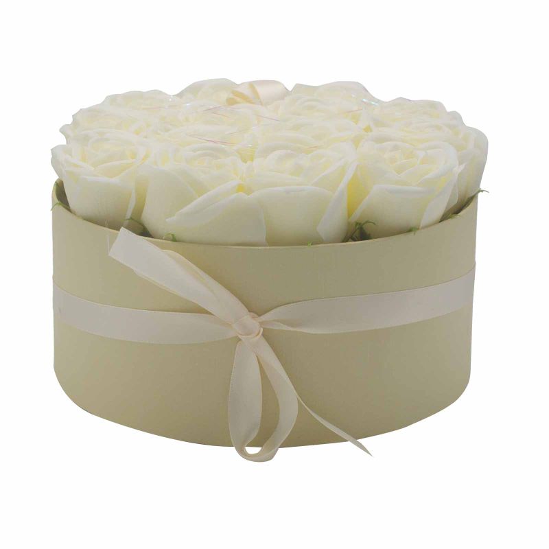 Bouquet Cadeau Fleur de Savon - 14 Roses Crème - Rond