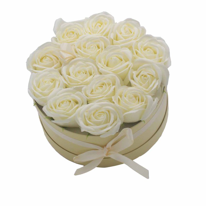 Bouquet Cadeau Fleur de Savon - 14 Roses Crème - Rond