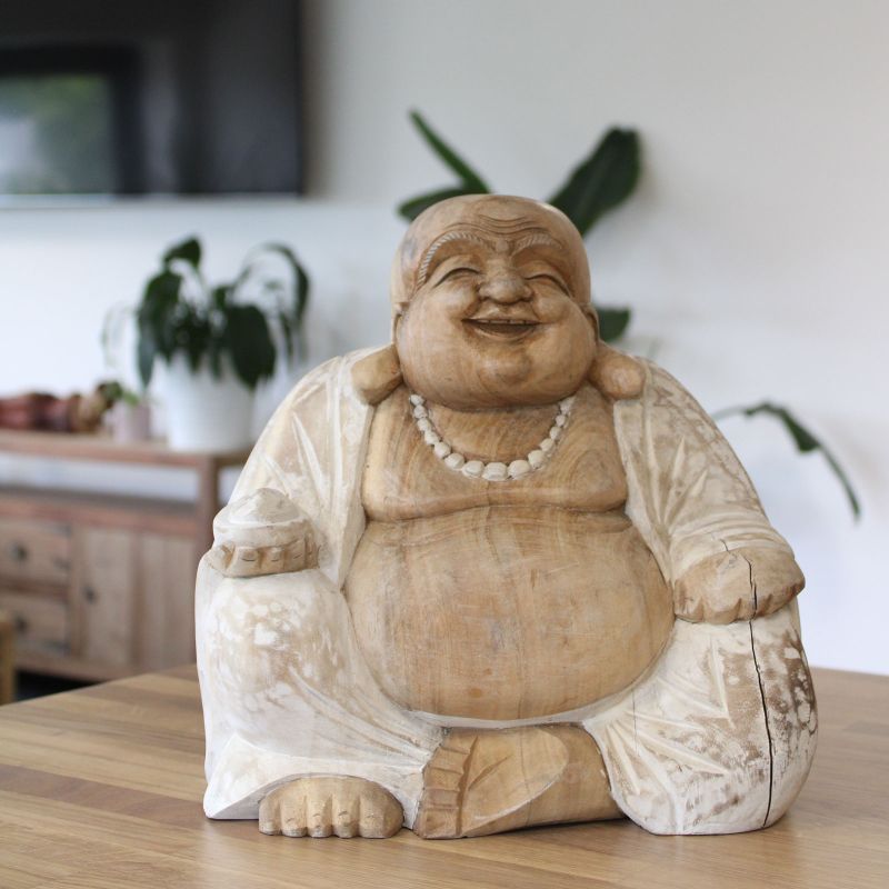 Statue de Bouddha Sculptée à la Main - 30cm Heureux - Blanchi