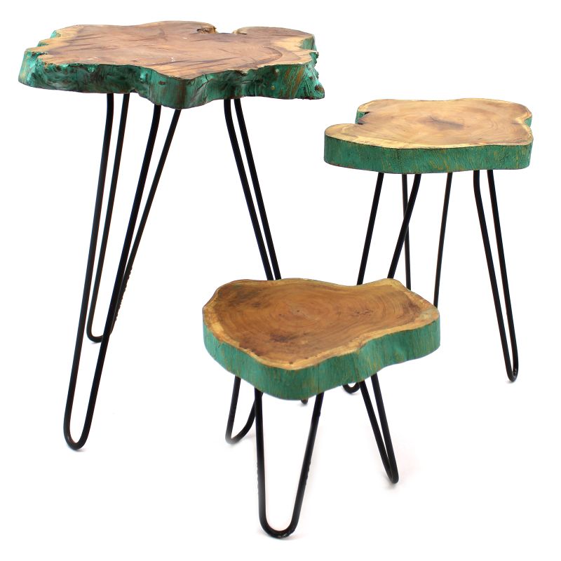 Ensemble de 3 supports pour plantes en bois - Vert Délavé
