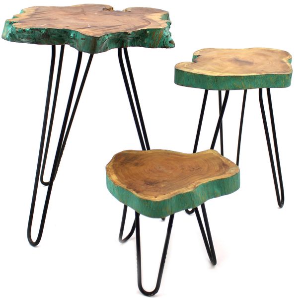 Ensemble de 3 supports pour plantes en bois - Vert Délavé