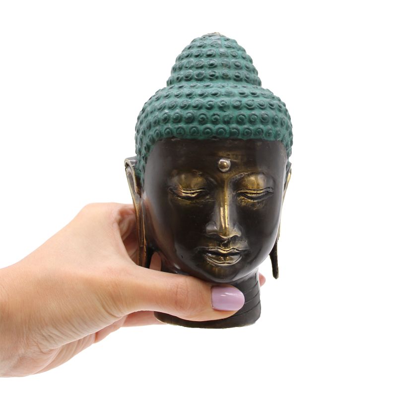 Grande Tête de Bouddha en Laiton Antique